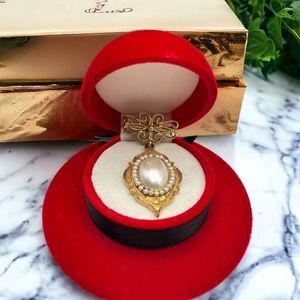 Antiqued gold-tone filigree Victorian style  dangling faux pearl pendant brooch!
